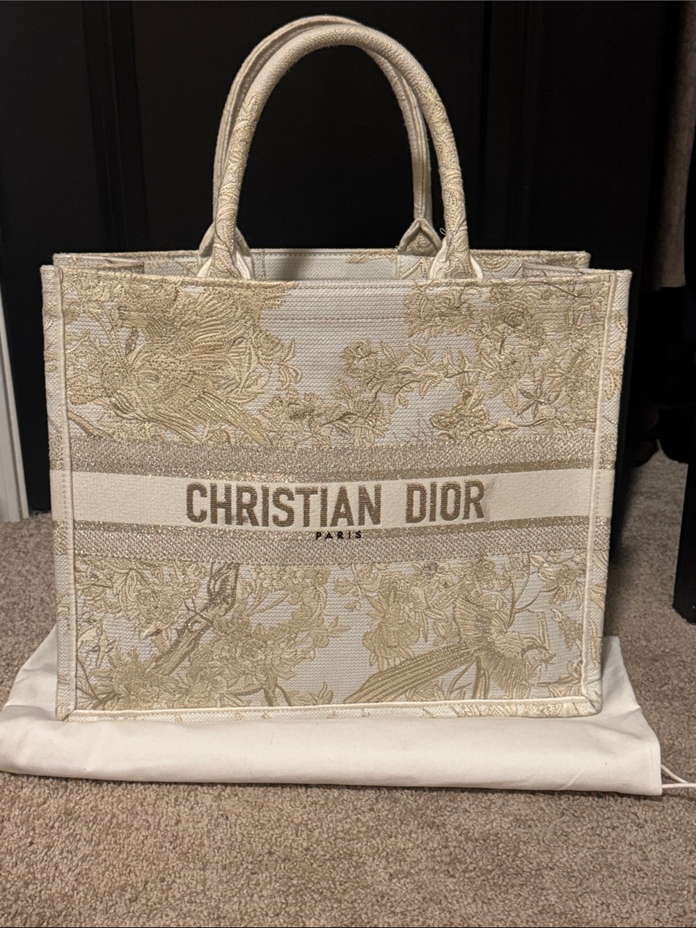 Cream and Gold Embroidered Book Tote